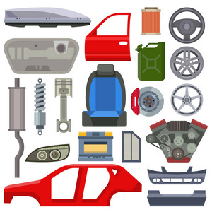 汽车服务零件平面矢量图解机械和汽车设备的自动机械修理